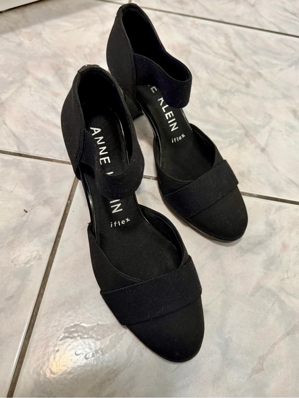 Anne Klein Black Elastic Strap Block Heel Pumps